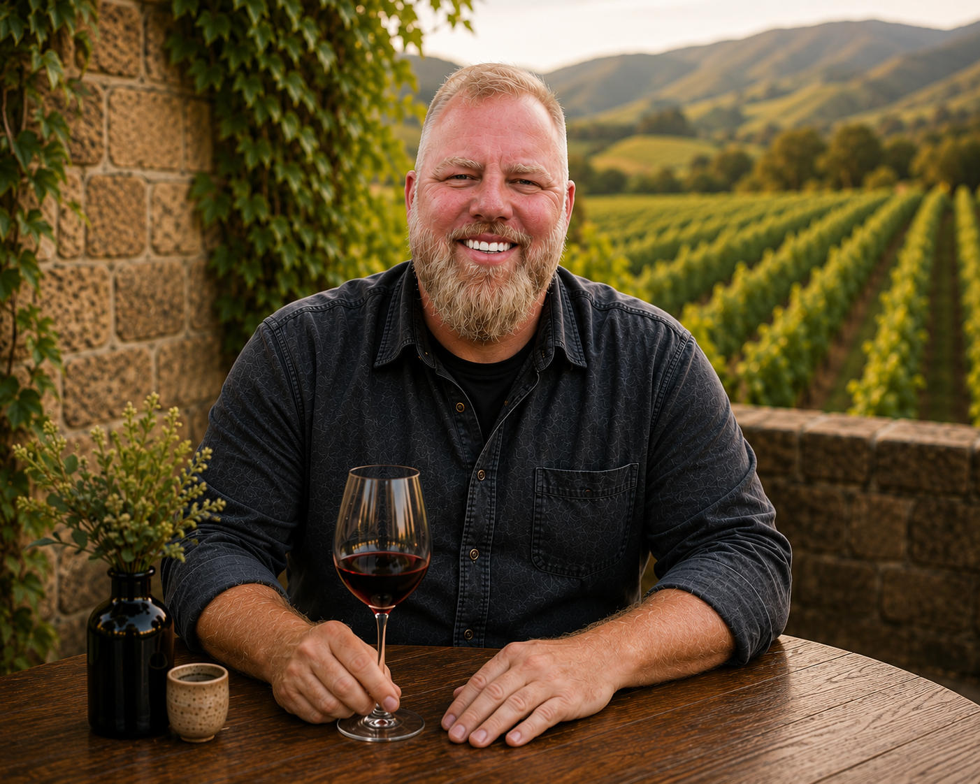 Dave, the Bearing Wine guide, smiling and holding a glass of red wine at a rustic table
