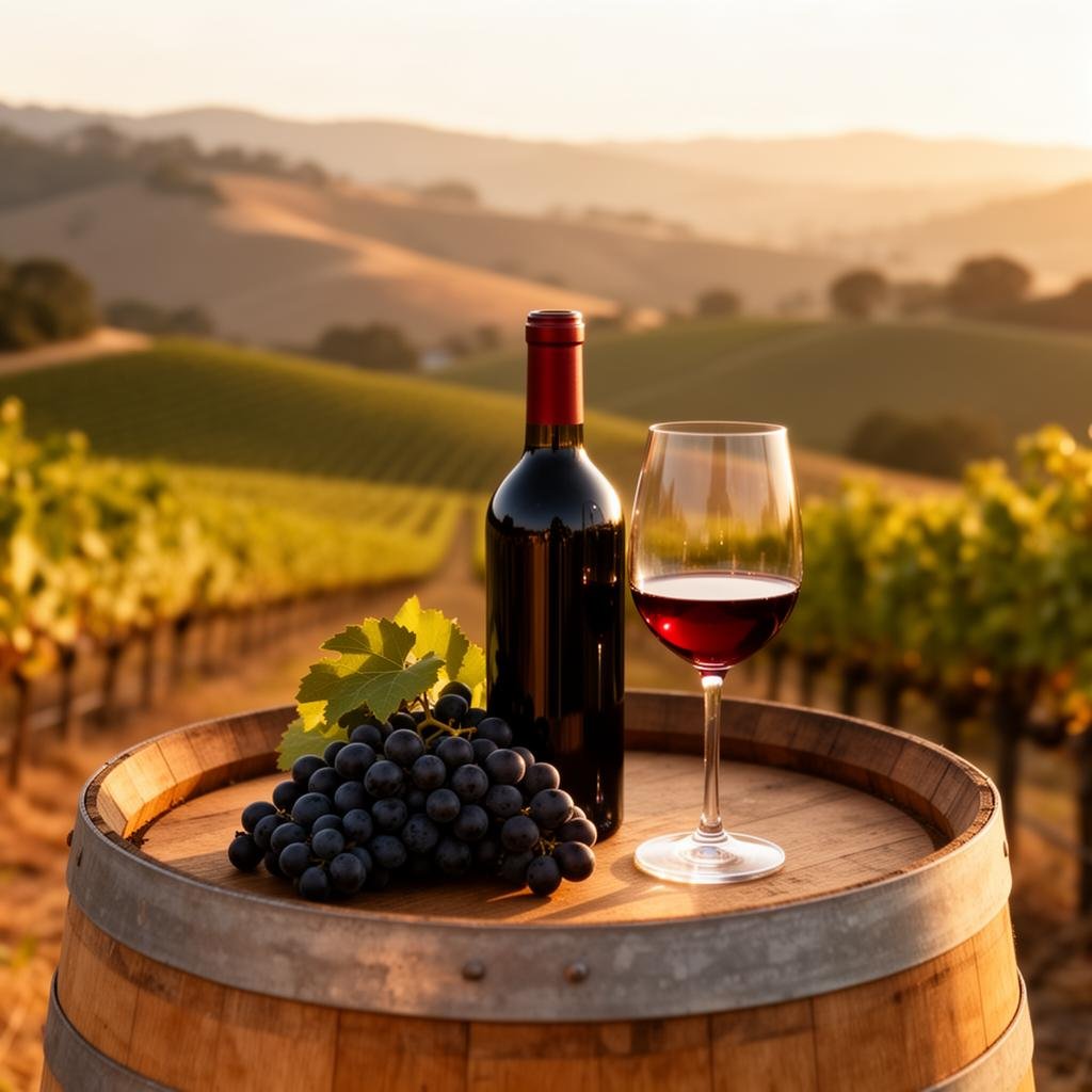 A bottle of red wine and a filled glass resting on a barrel with grapes, Sonoma hills behind